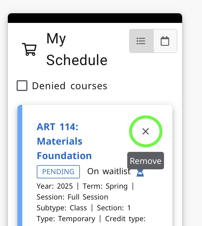 screenshot of OWU Self-Service My Schedule window, with the remove "X" highlighted